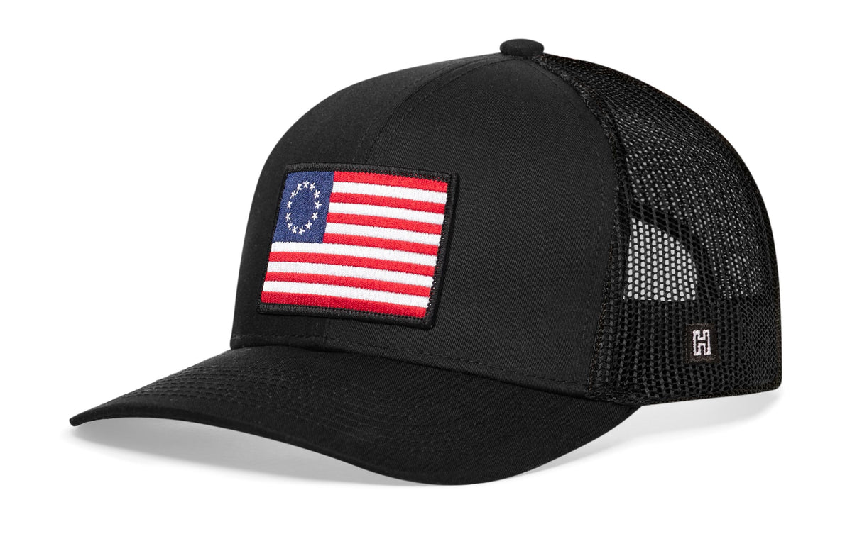 Betsy Ross Flag Trucker Hat | Black USA Snapback