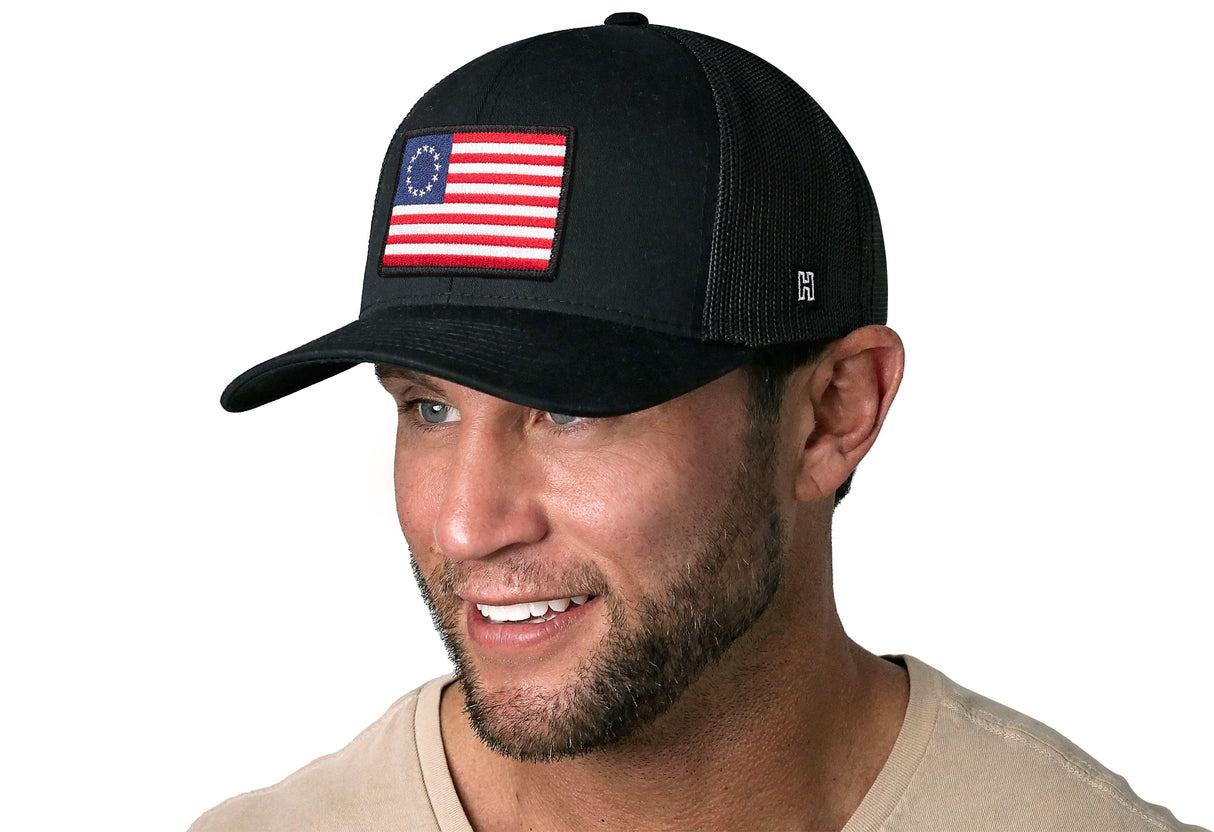 Betsy Ross Flag Trucker Hat | Black USA Snapback