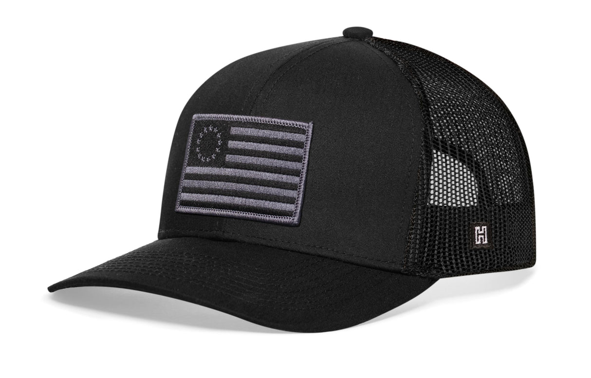 Betsy Ross Flag Trucker Hat | Black USA Snapback