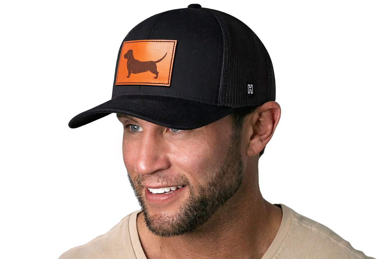Dachshund Trucker Hat Leather | Black Dog Snapback
