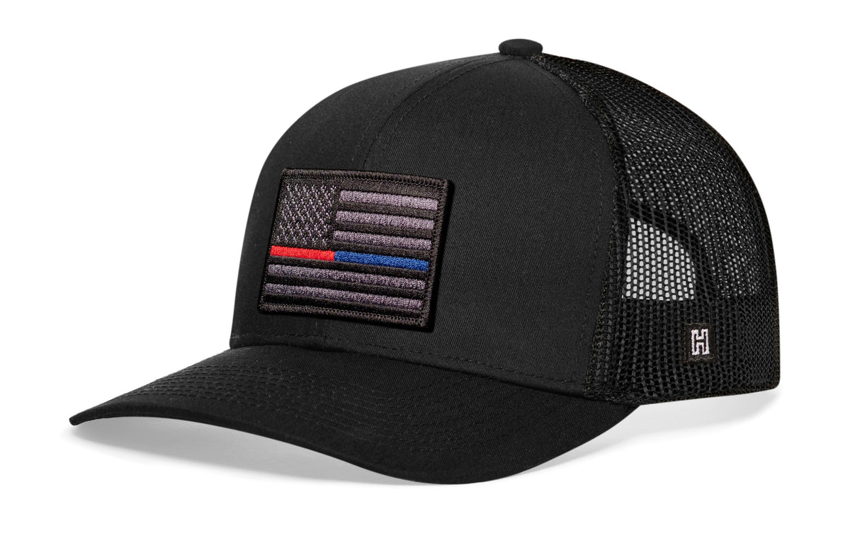 Thin Red and Blue Line Trucker Hat | Black Police And Fire Tactical Snapback
