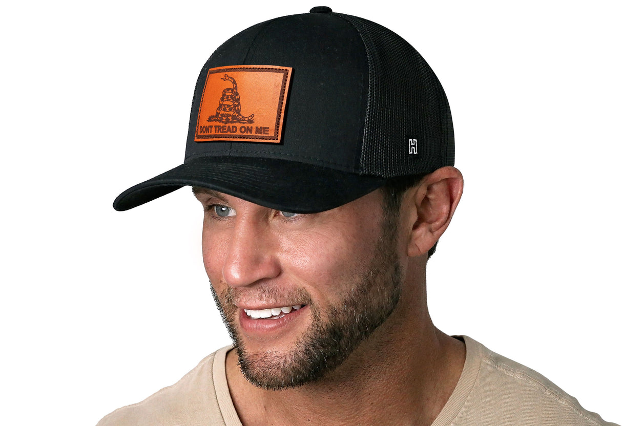 Dont Tread on Me Trucker Hat | Black Gadsden Leather Snapback