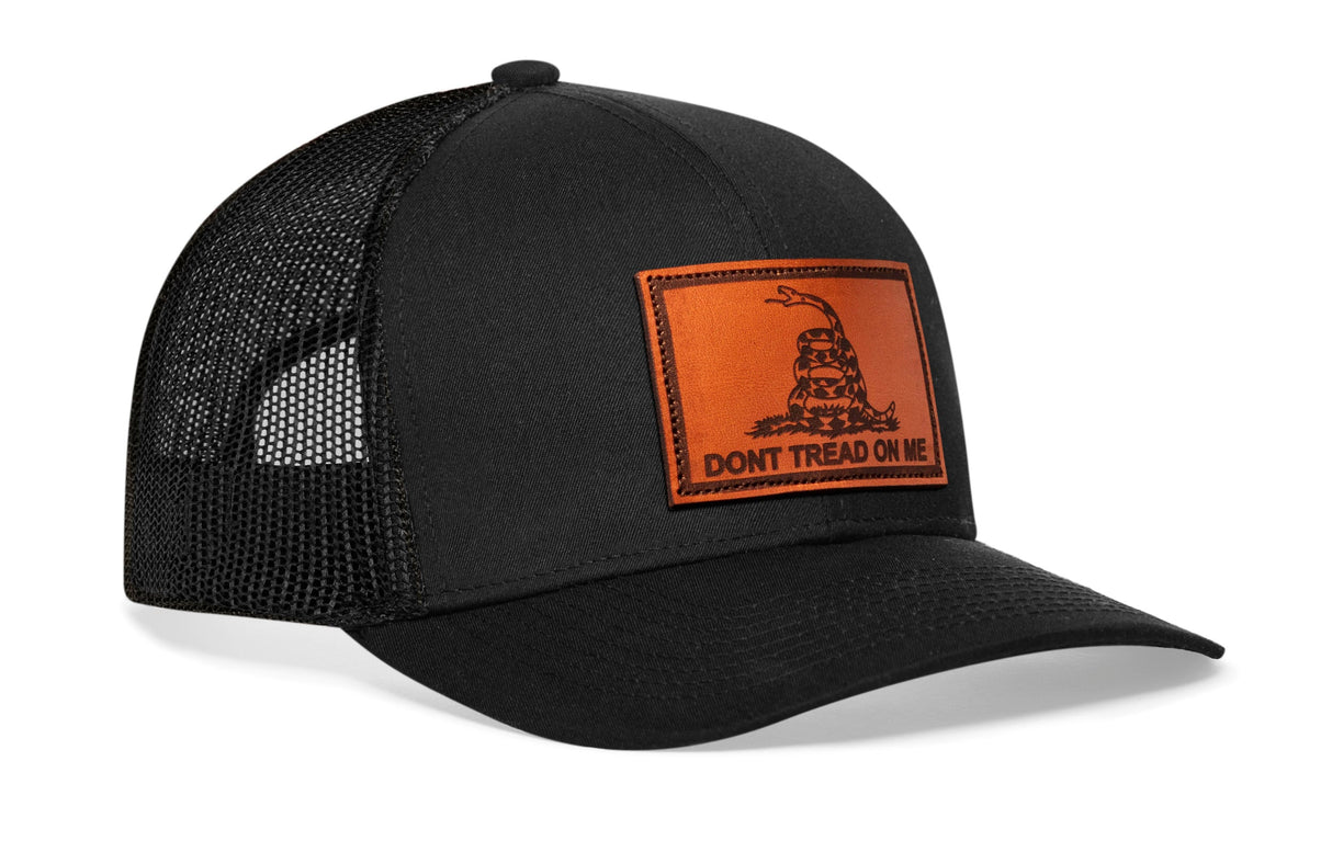 Dont Tread on Me Trucker Hat | Black Gadsden Leather Snapback