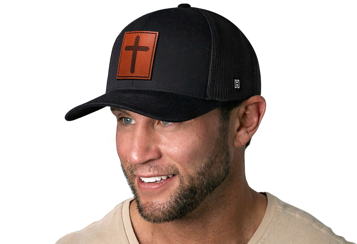 Cross Trucker Hat Rectangle Leather | Black cross Snapback