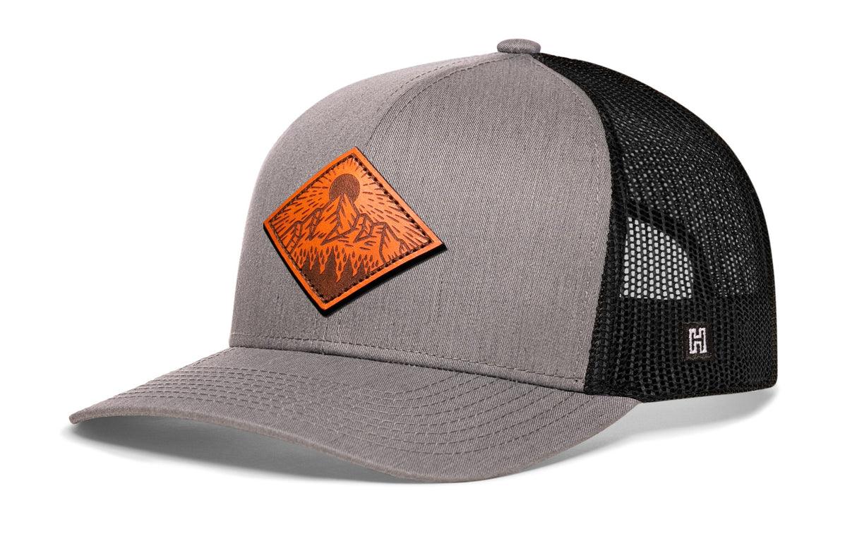 Diamond Mountain and Trees Trucker Hat Leather | Gray-Black Outdoors Snapback