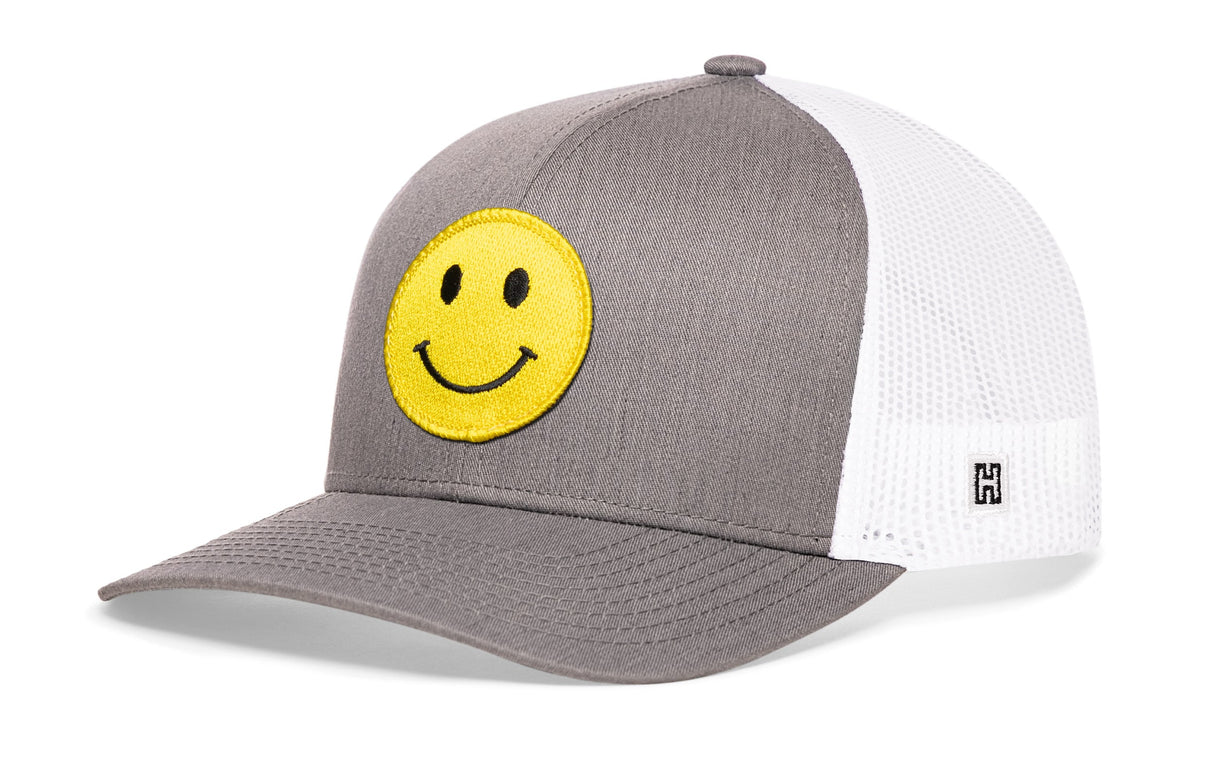 Smiley Face Trucker Hat | Gray-White Emoji Snapback