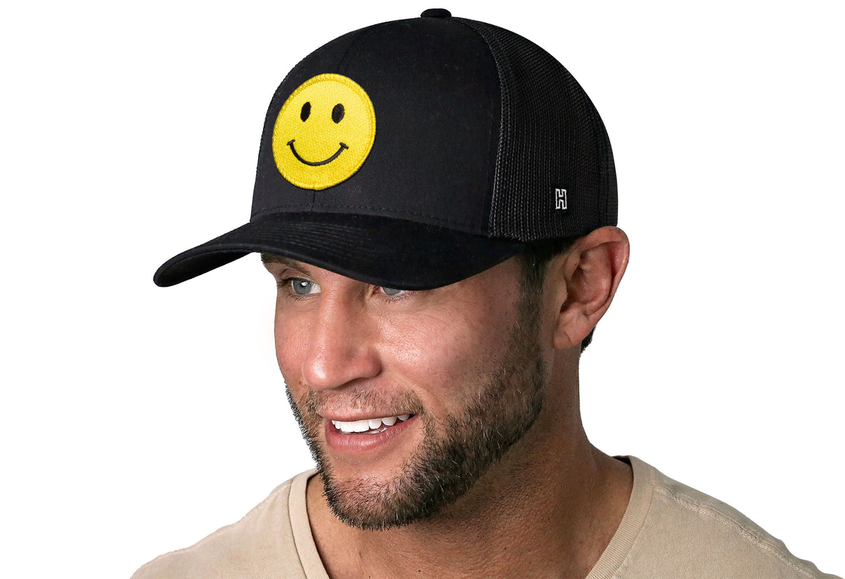 Smiley Face Trucker Hat | Black Emoji Snapback