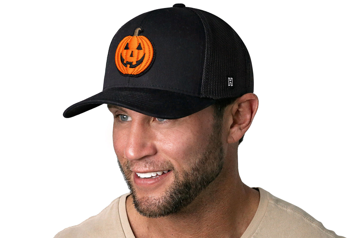 Jack-O-Lantern Trucker Hat Trucker Hat | Black Pumpkin Snapback