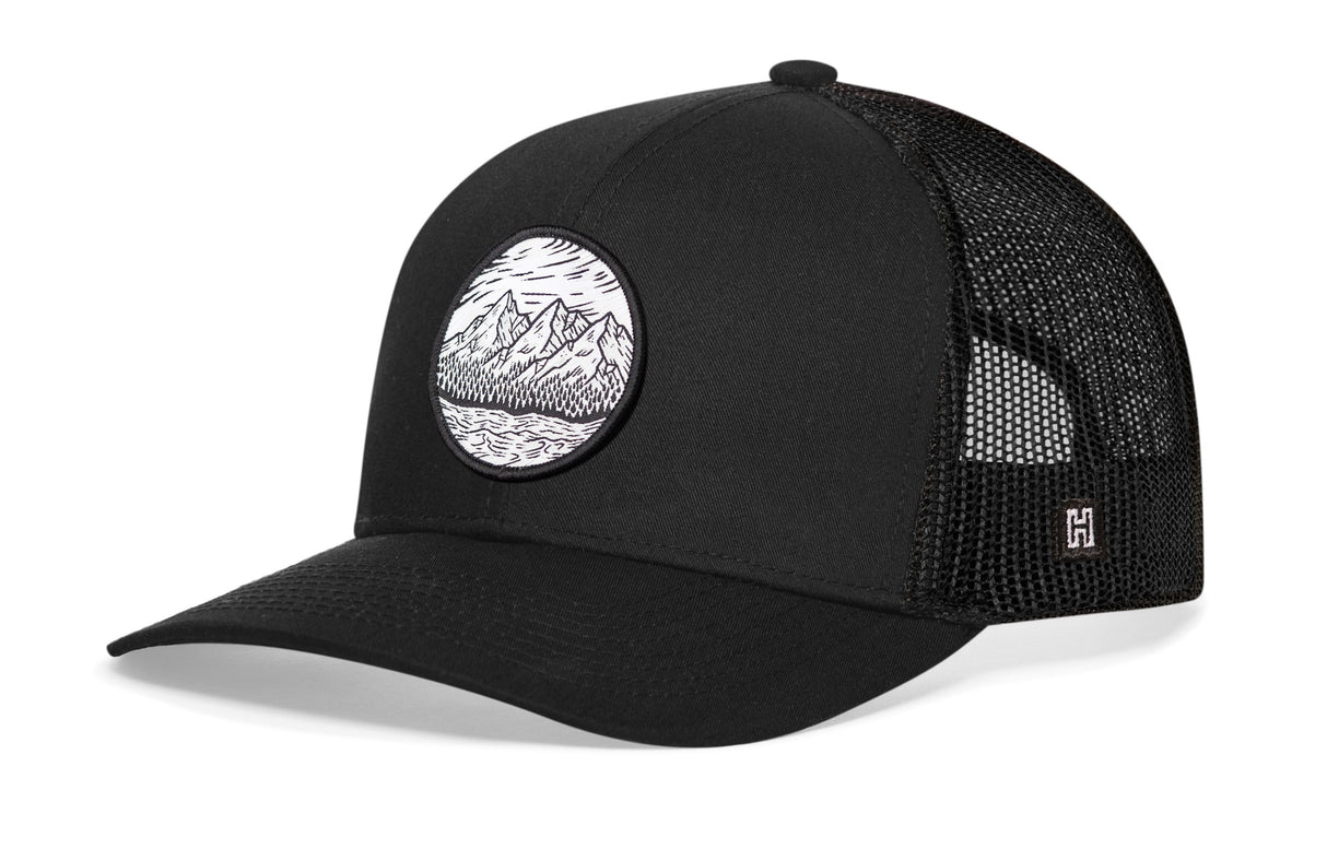 Circle Mountain and Trees Trucker Hat | Black Outdoors Snapback