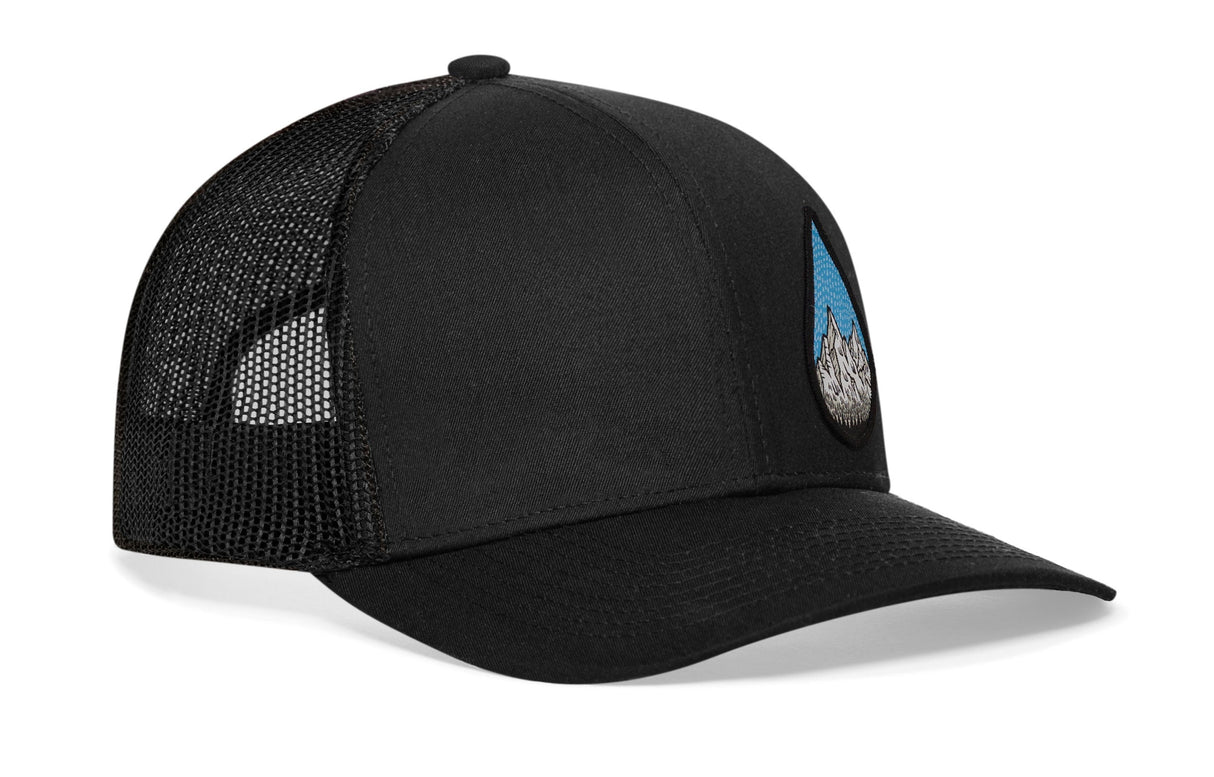 Rainddrop Mountain and Trees Trucker Hat | Black Outdoors Snapback