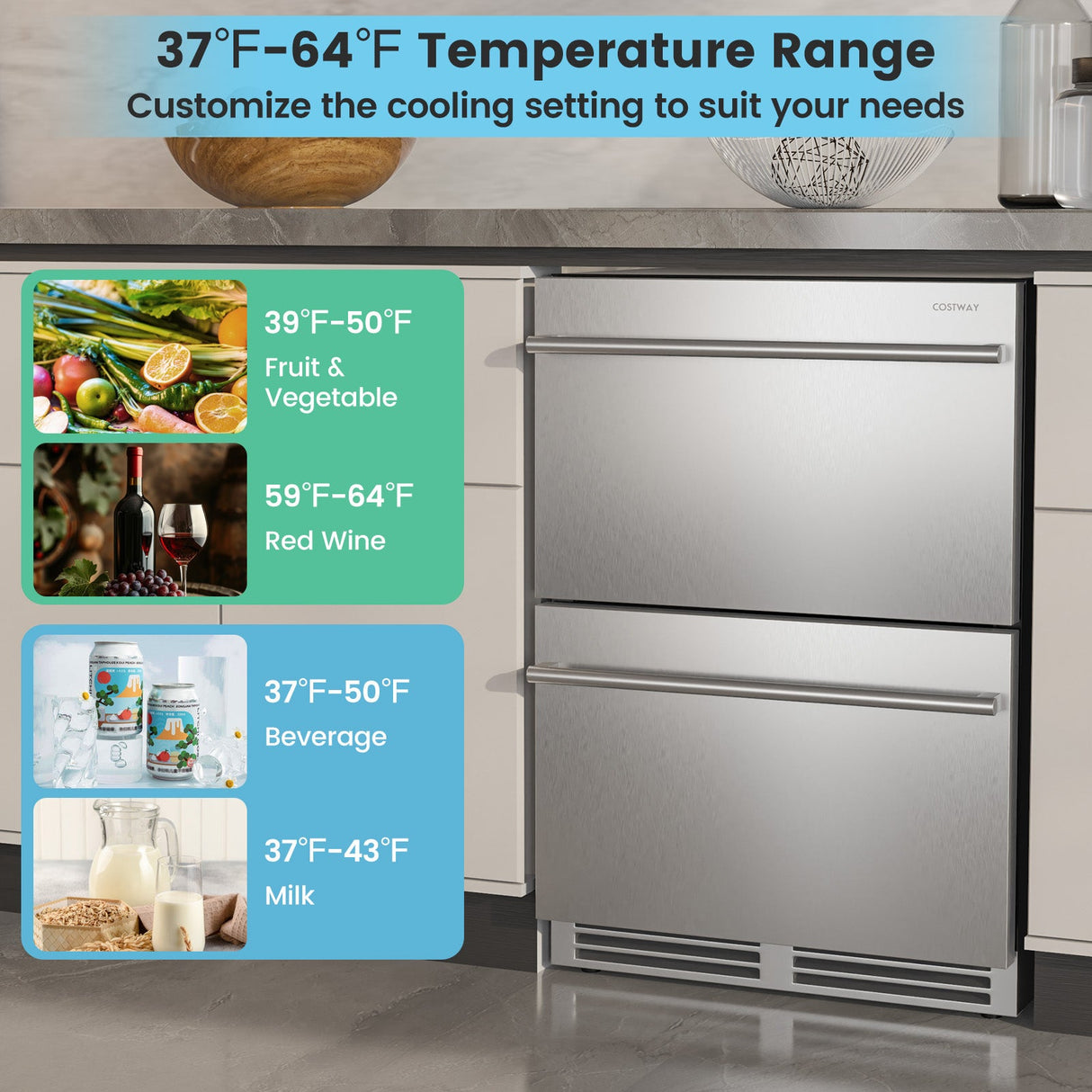 Frigorífico bajo encimera de 24 pulgadas con dos cajones y rango de temperatura de 37°F a 64°F - Plata