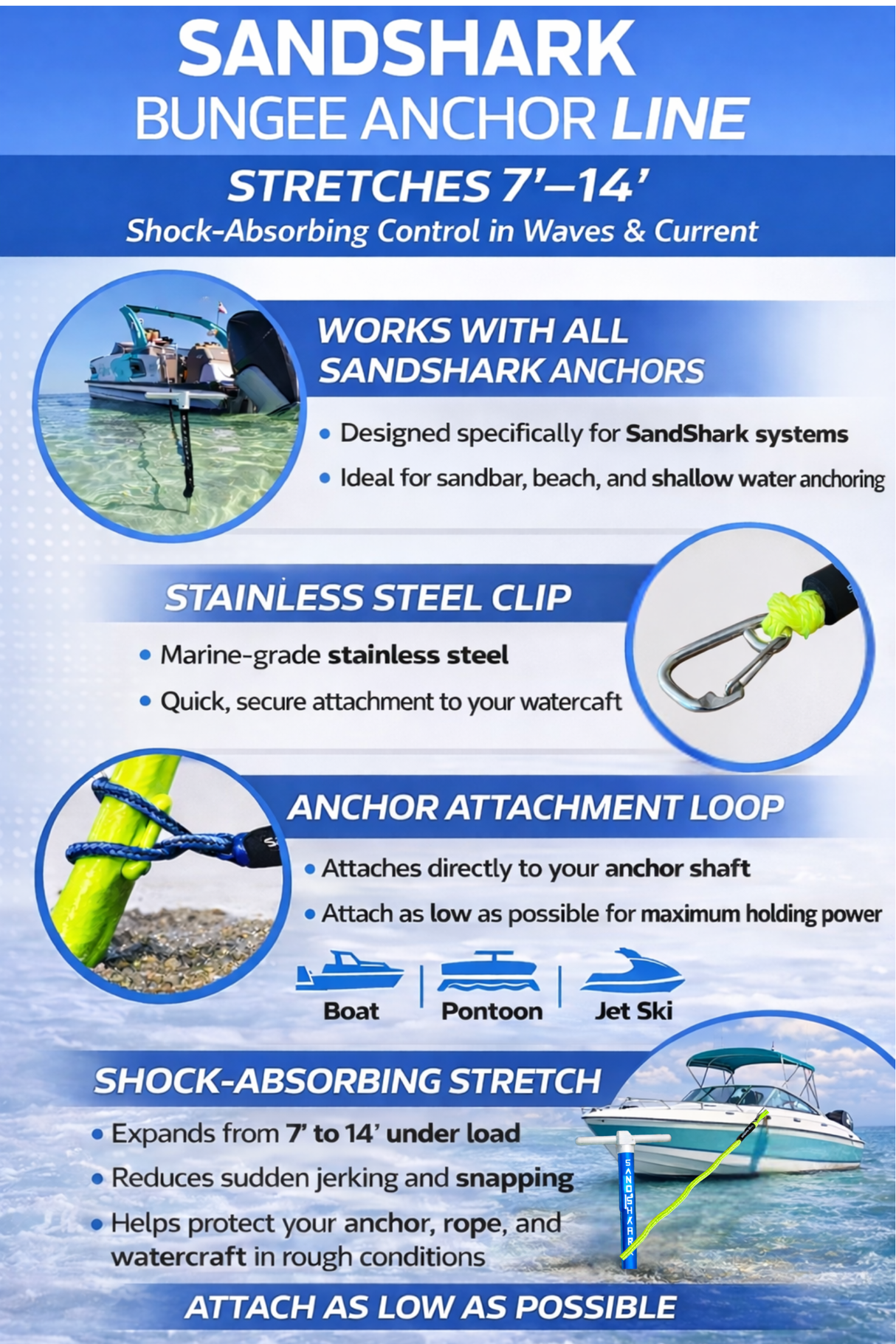 Cabo de amarre elástico de 7 a 14 pies, cabo de ancla, de Sandshark – Solución de amarre perfecta para barcos y motos acuáticas
