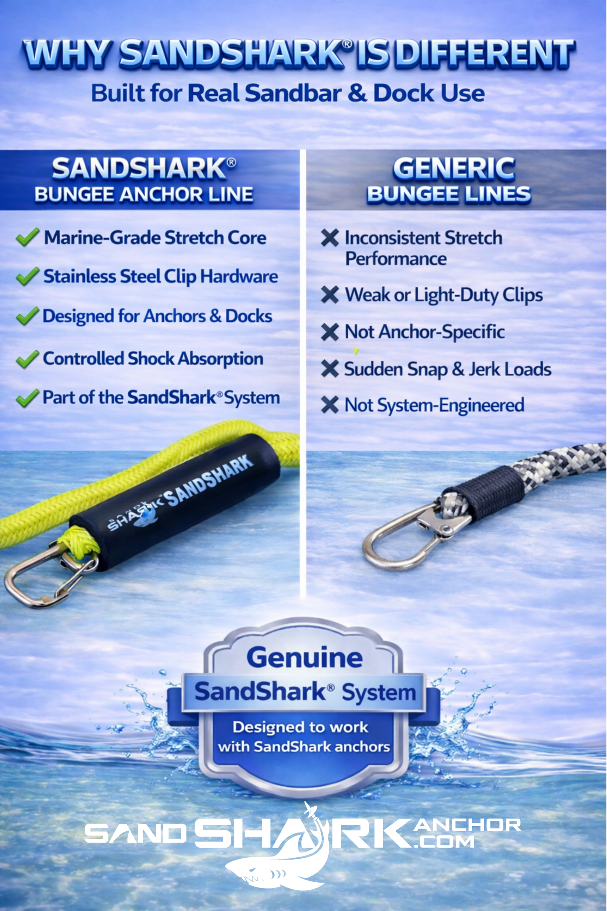 Cabo de amarre elástico de 7 a 14 pies, cabo de ancla, de Sandshark – Solución de amarre perfecta para barcos y motos acuáticas