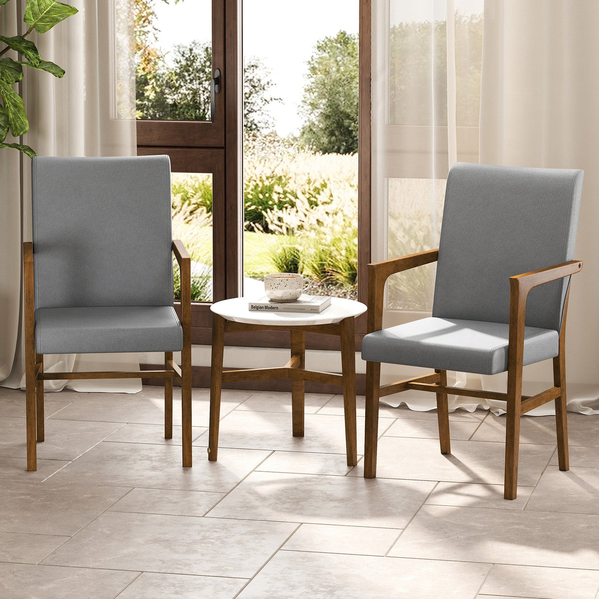 Juego de 2 sillas decorativas tapizadas con respaldo alto y estructura de madera maciza - Gris