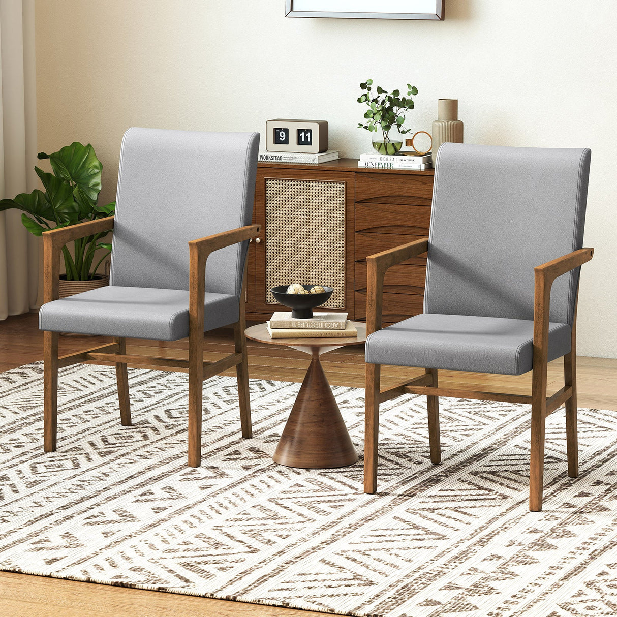 Juego de 2 sillas decorativas tapizadas con respaldo alto y estructura de madera maciza - Gris