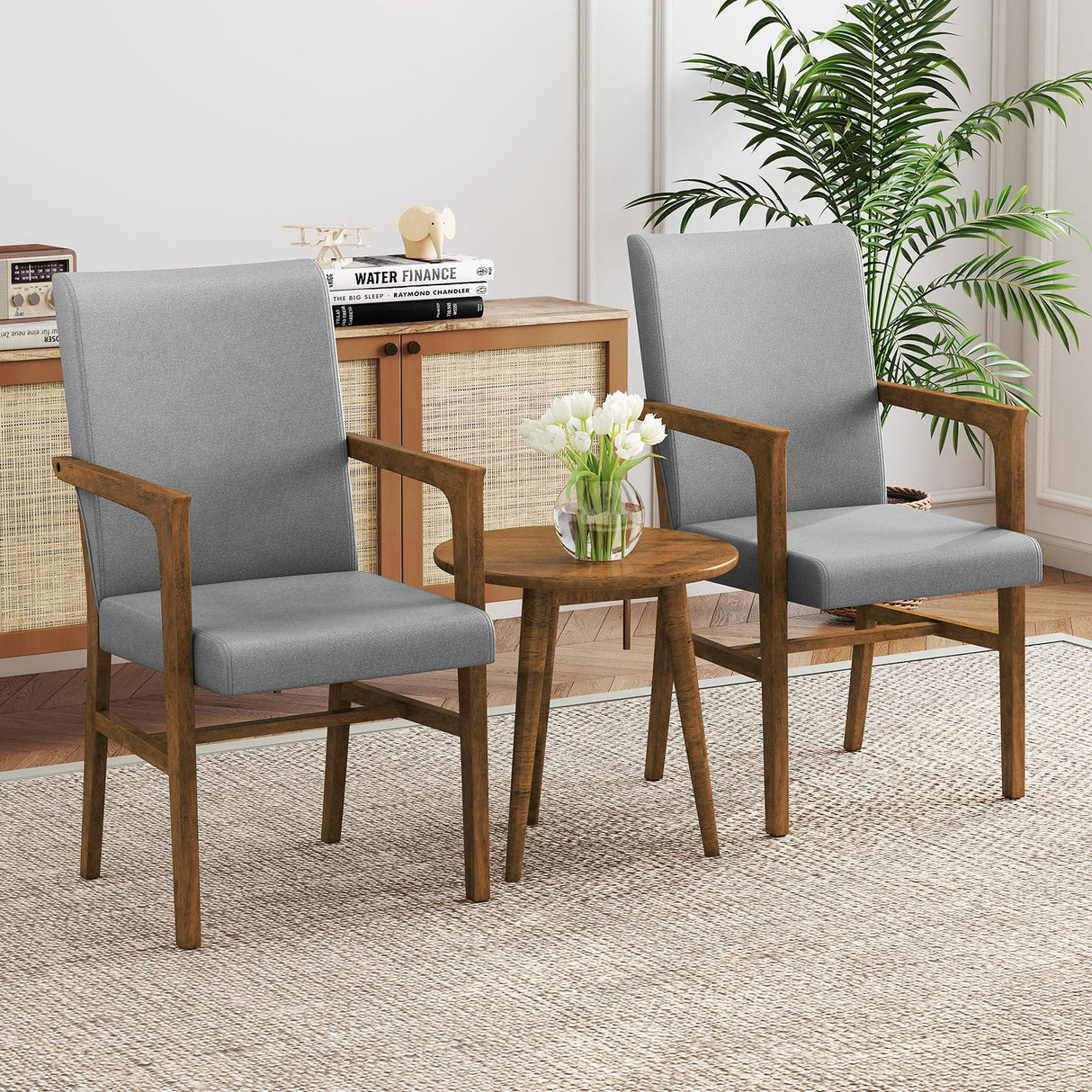 Juego de 2 sillas decorativas tapizadas con respaldo alto y estructura de madera maciza - Gris