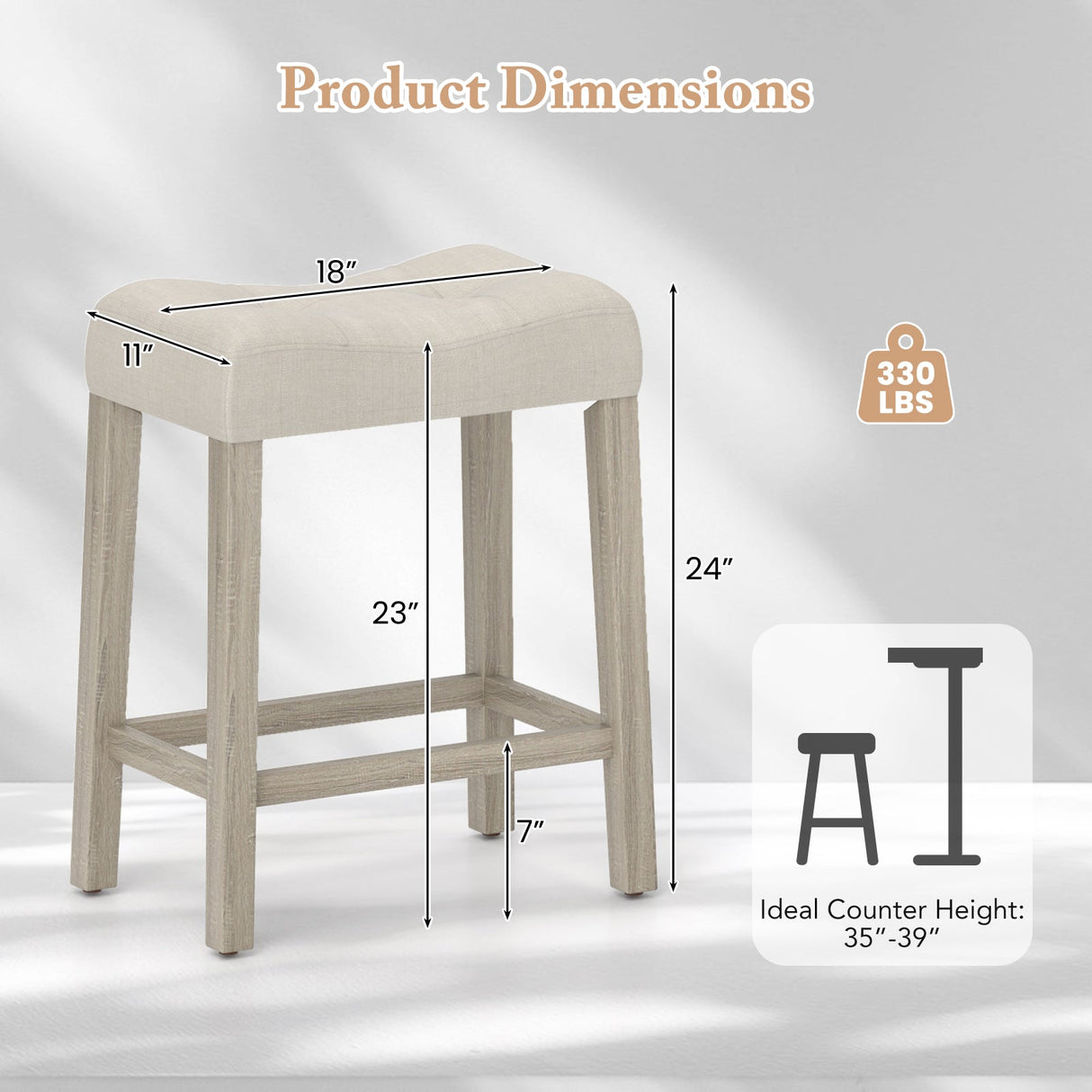 Juego de 4 taburetes tapizados de altura de encimera con asiento de silla de montar curvo