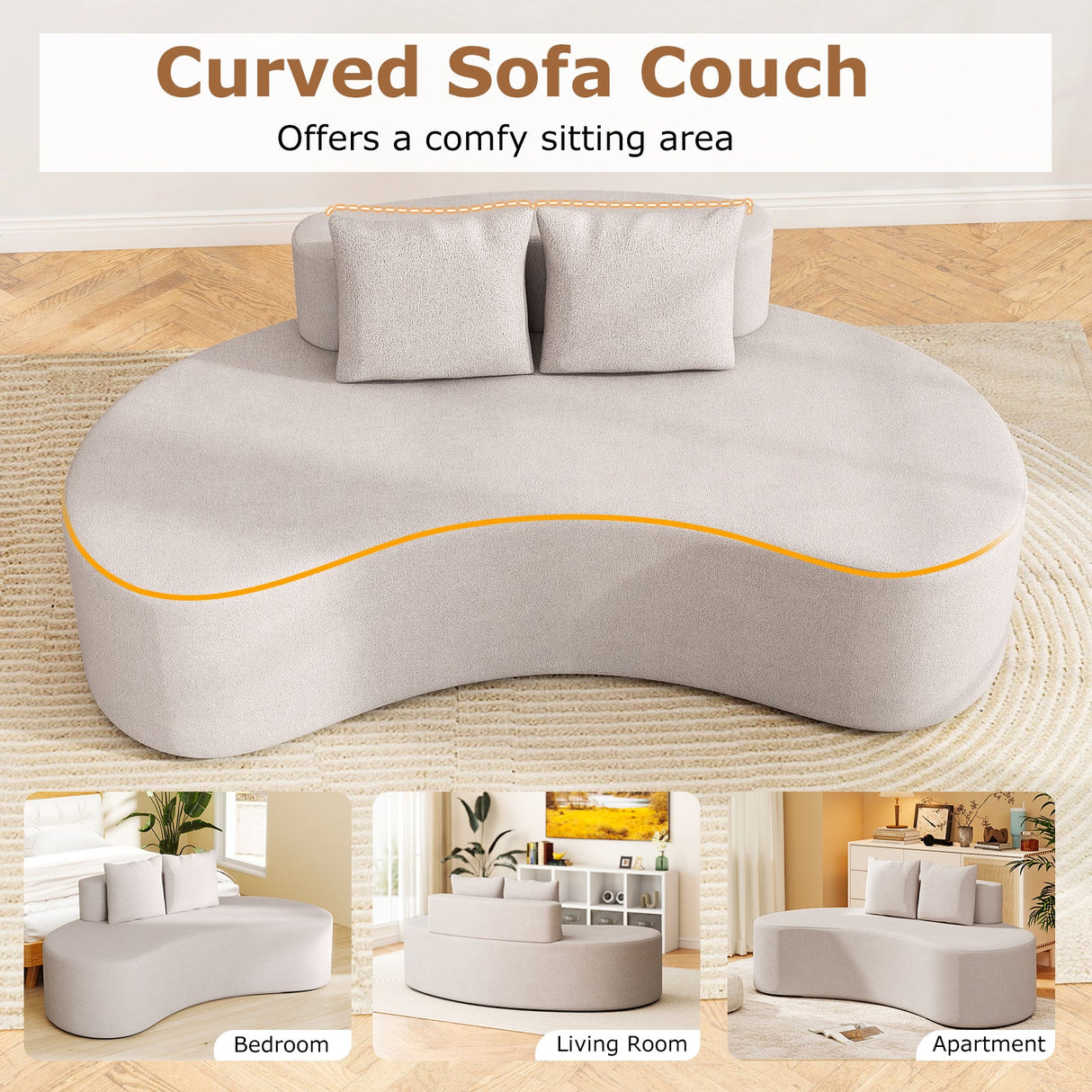 Upholstered Curved Sofa with 2 Cozy Pillows