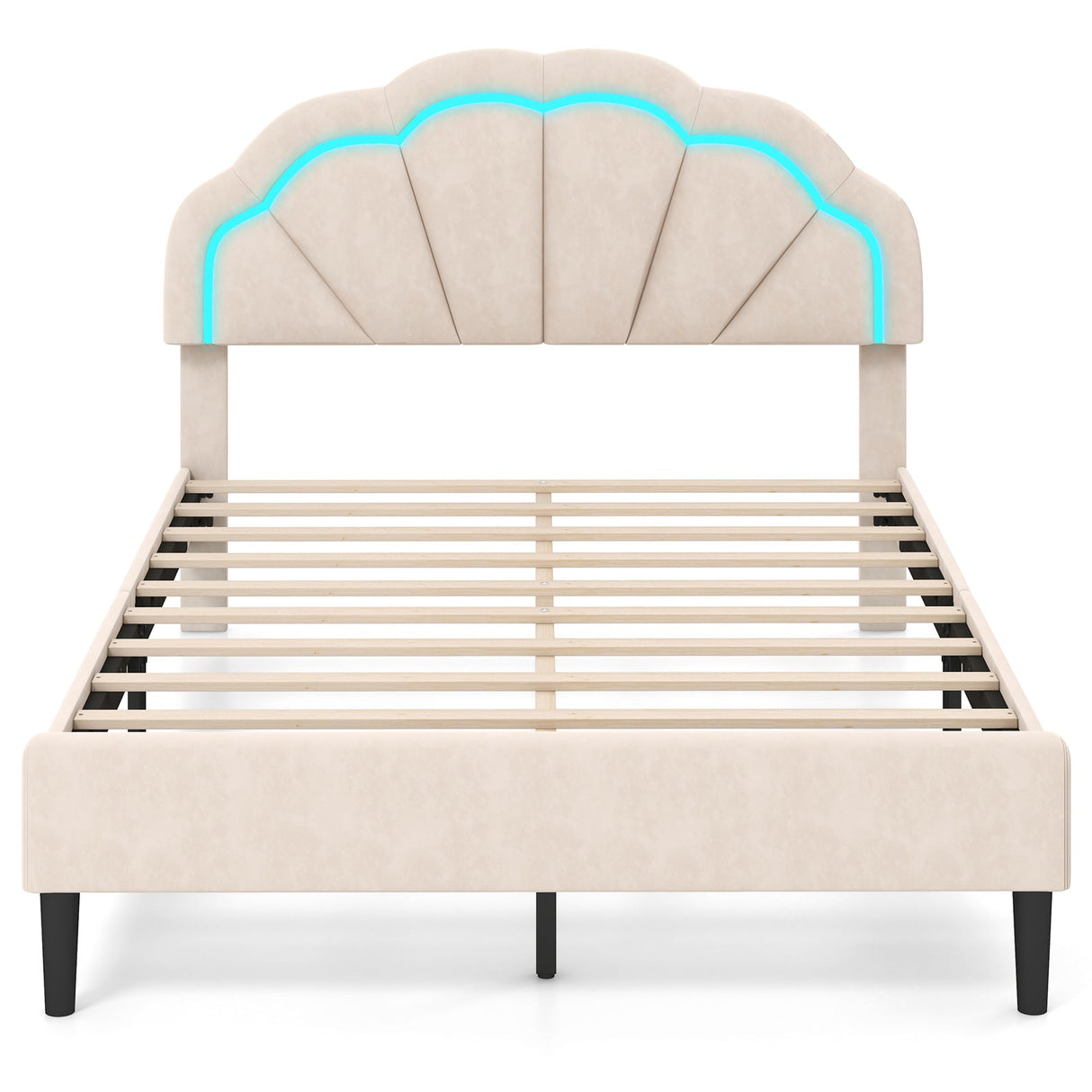 Estructura de cama LED tapizada con cabecero floral ajustable y patas de soporte metálicas - Tamaño matrimonial