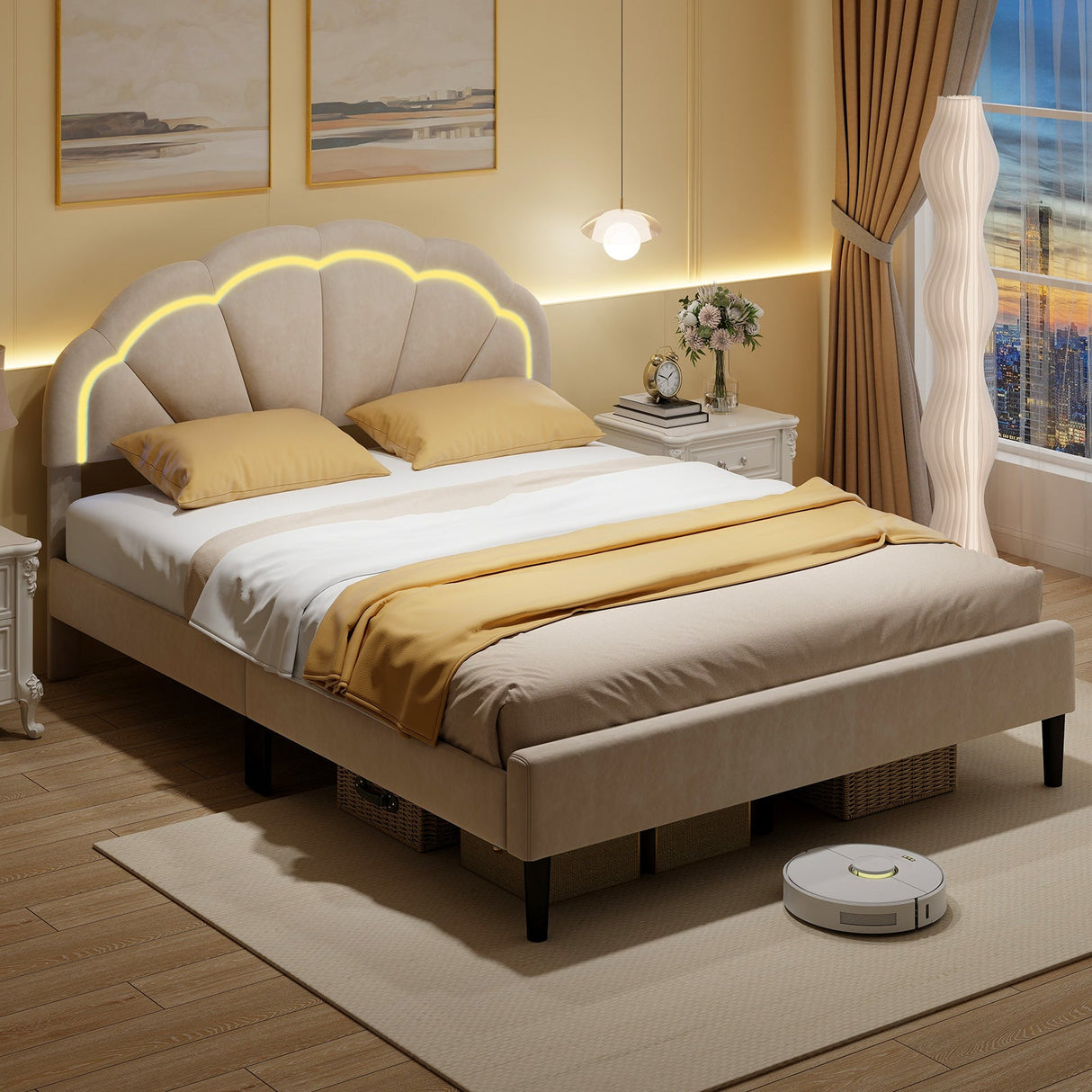 Upholstered LED Bed Frame with Adjustable Flower Headboard and Metal Support Feet-Queen Size