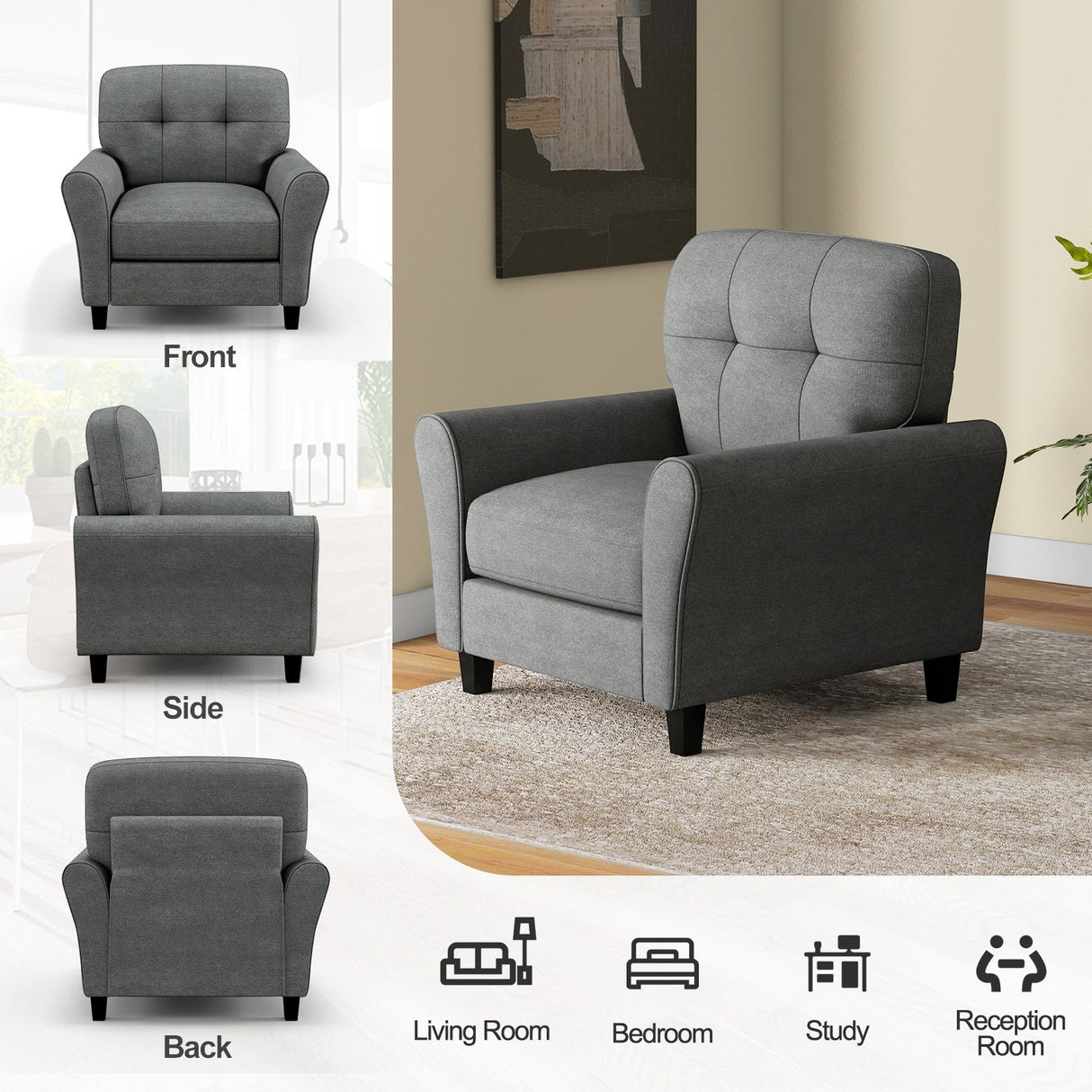 Sillón tapizado moderno con patas de madera de caucho
