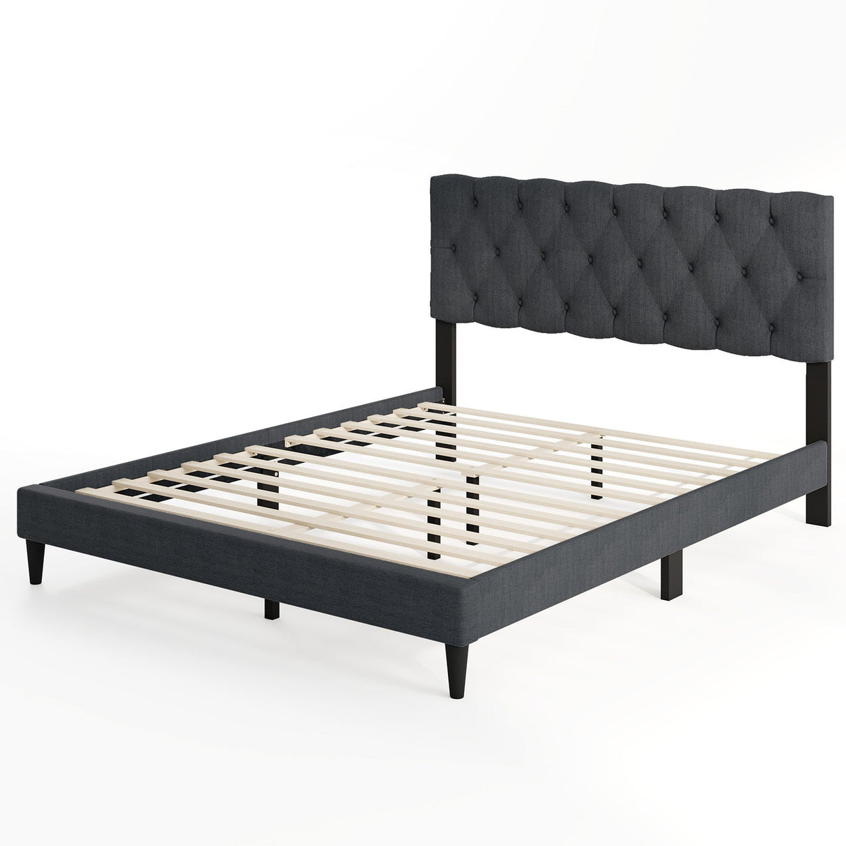 Cama tapizada tipo plataforma con cabecero capitoné y listones de madera, gris