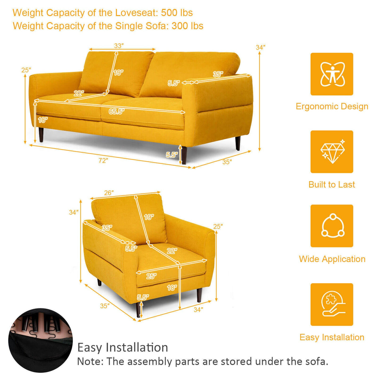 2 Pieces Upholstered Sofa Set with Removable Cushion Covers