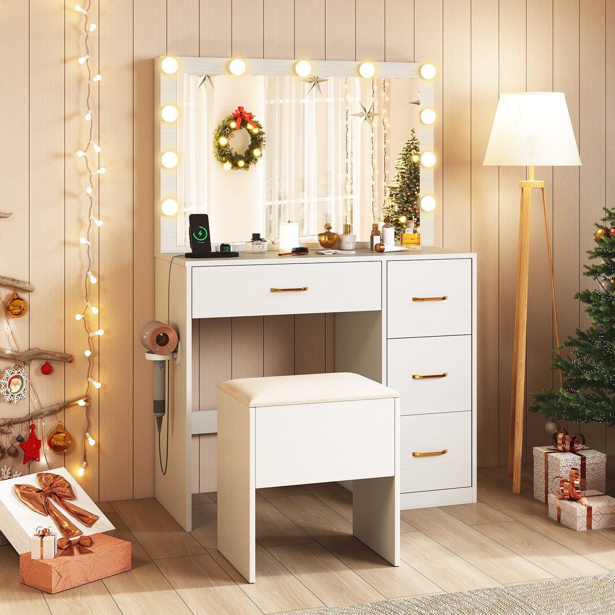 Vanity Desk with Mirror and Lights Makeup Dressing Table with Power Outlets-White