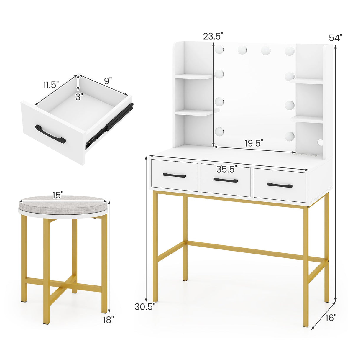 Vanity Desk with Mirror and Lights Makeup Dressing Table and Cushioned Stool Set-White