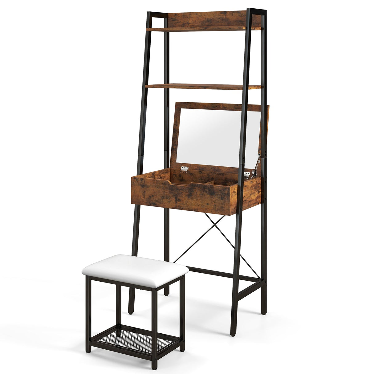 Ladder Vanity Desk Set with Flip Top Mirror and Cushioned Stool
