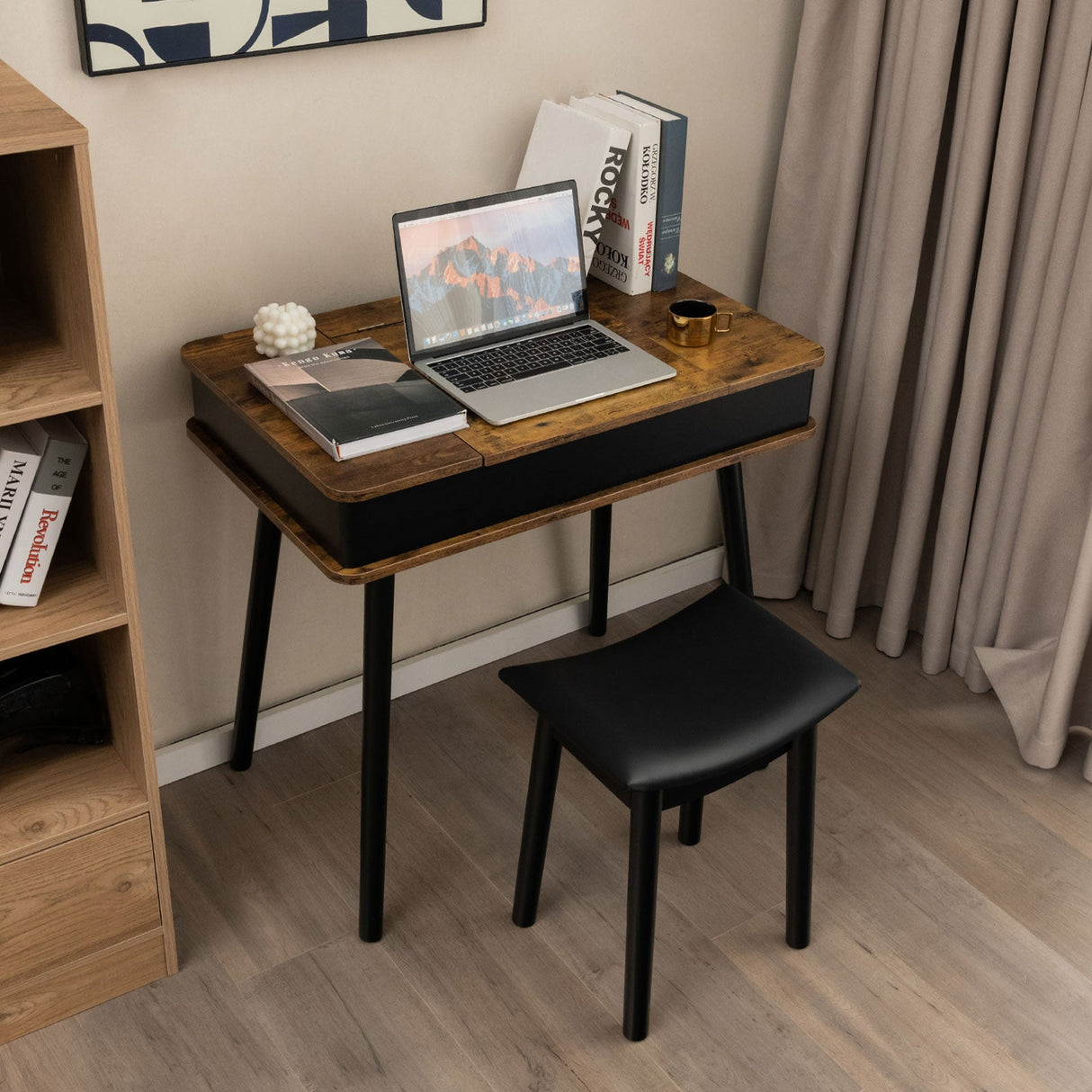 Tocador con espejo elevable, luces, USB, escritorio y taburete – Marrón