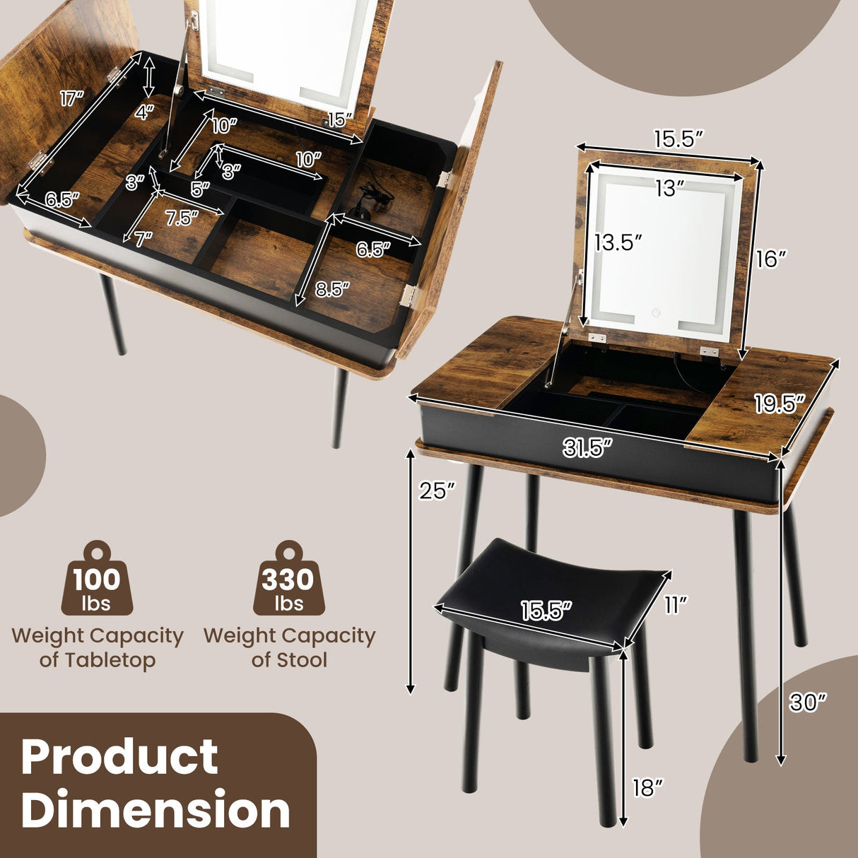 Tocador con espejo elevable, luces, USB, escritorio y taburete – Marrón