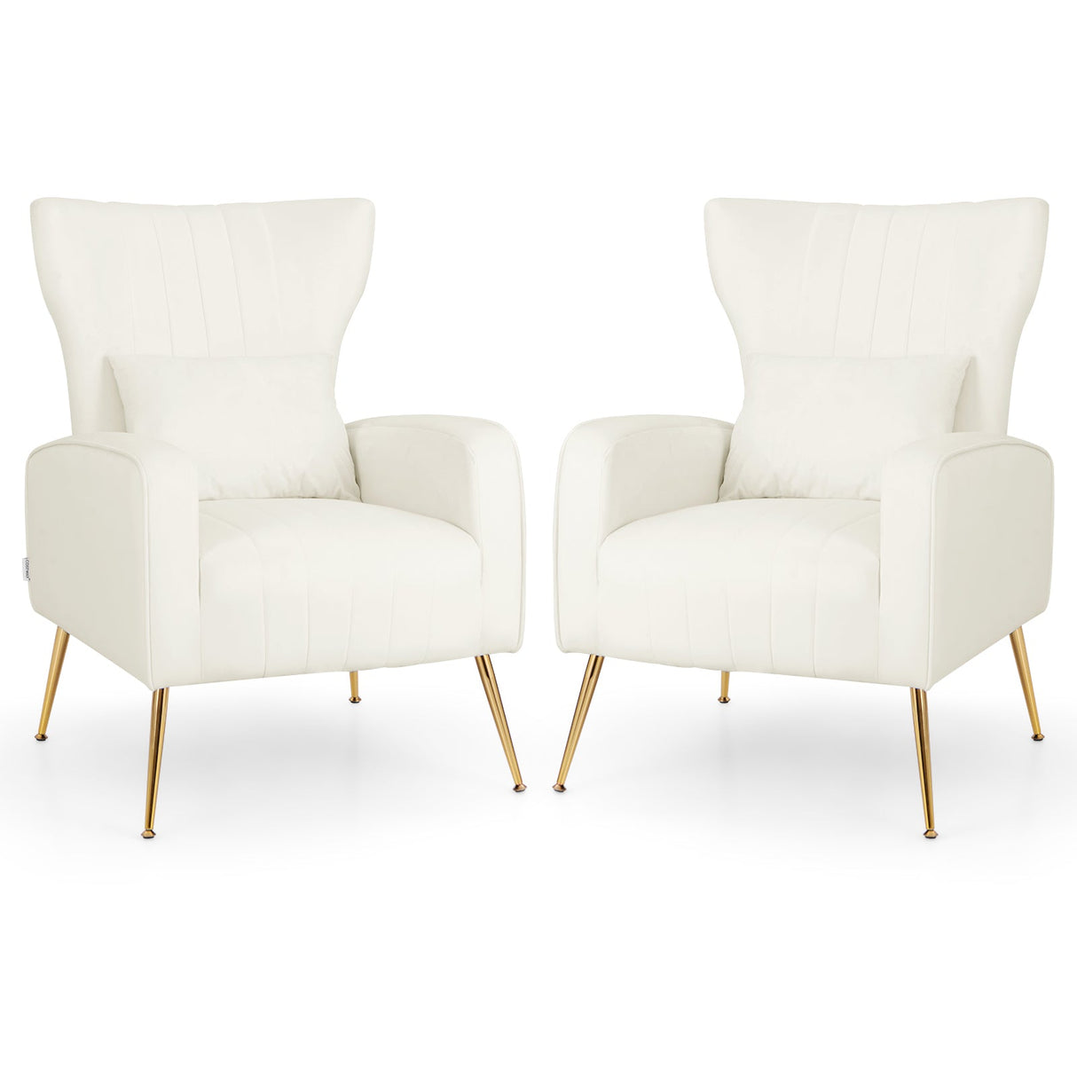 Velvet Upholstered Wingback Chair with Lumbar Pillow and Golden Metal Legs