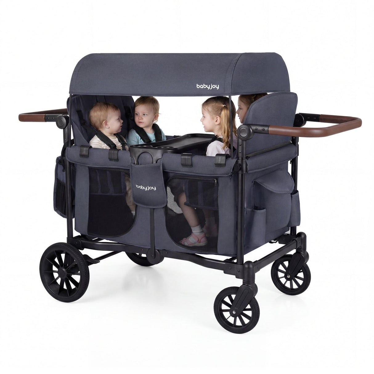 Cochecito de paseo para 4 niños, plegable, de 4 asientos, de empuje y arrastre para niños pequeños