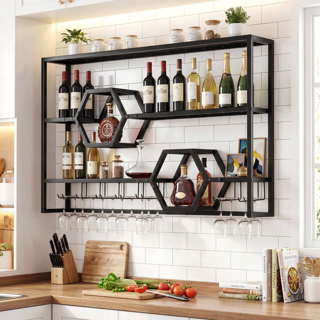 Botellero de pared de 47" con estantes flotantes grandes