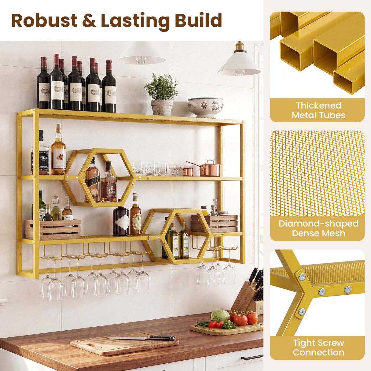 Botellero de pared de 47" con estantes flotantes grandes
