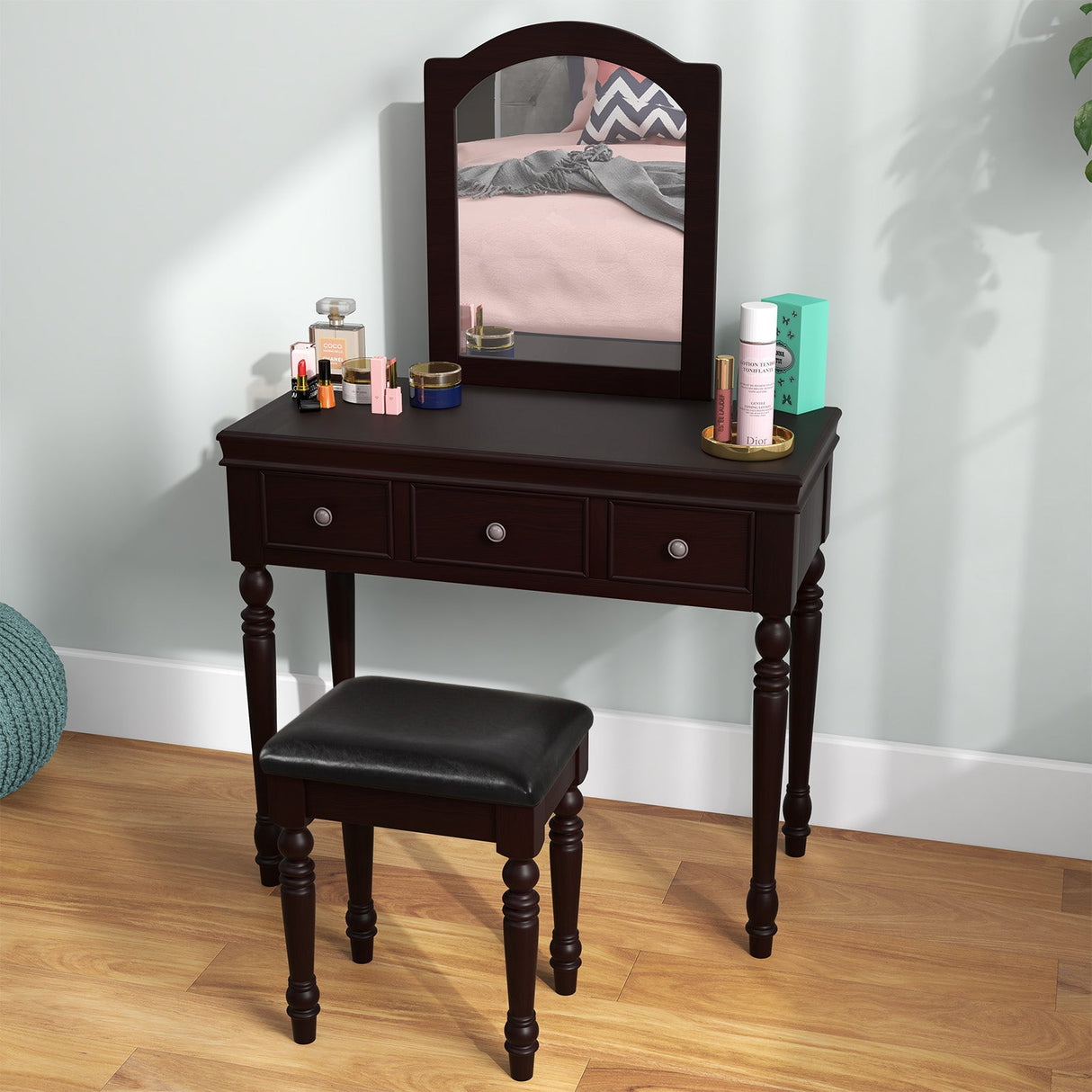 Juego de tocador de maquillaje con taburete, espejo desmontable y 3 cajones de almacenamiento