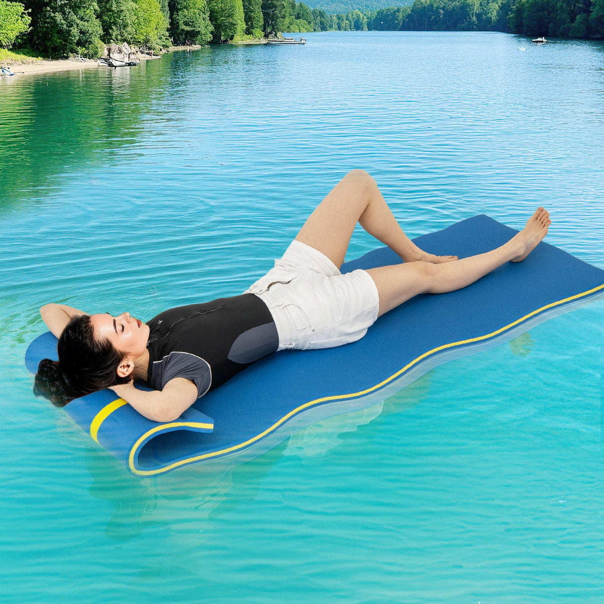 Colchoneta acuática de 7 x 2 pulgadas con cuerda de seguridad y diseño de almohada para lago y piscina - Azul