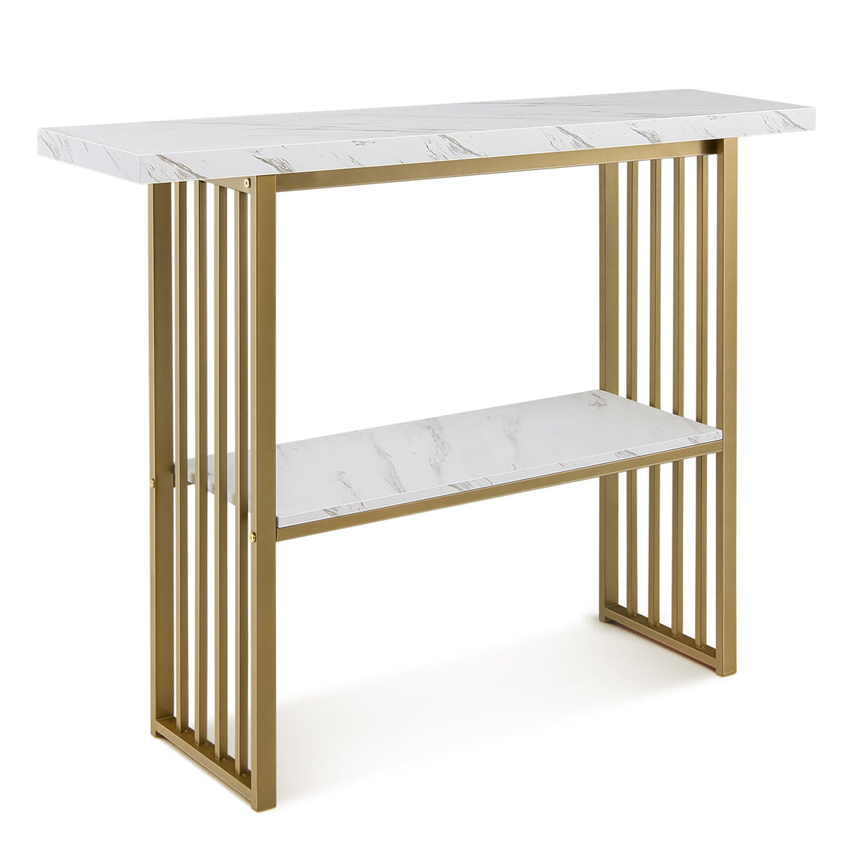 Mesa consola de 2 niveles de 48 pulgadas con estructura con acabado dorado - Blanca