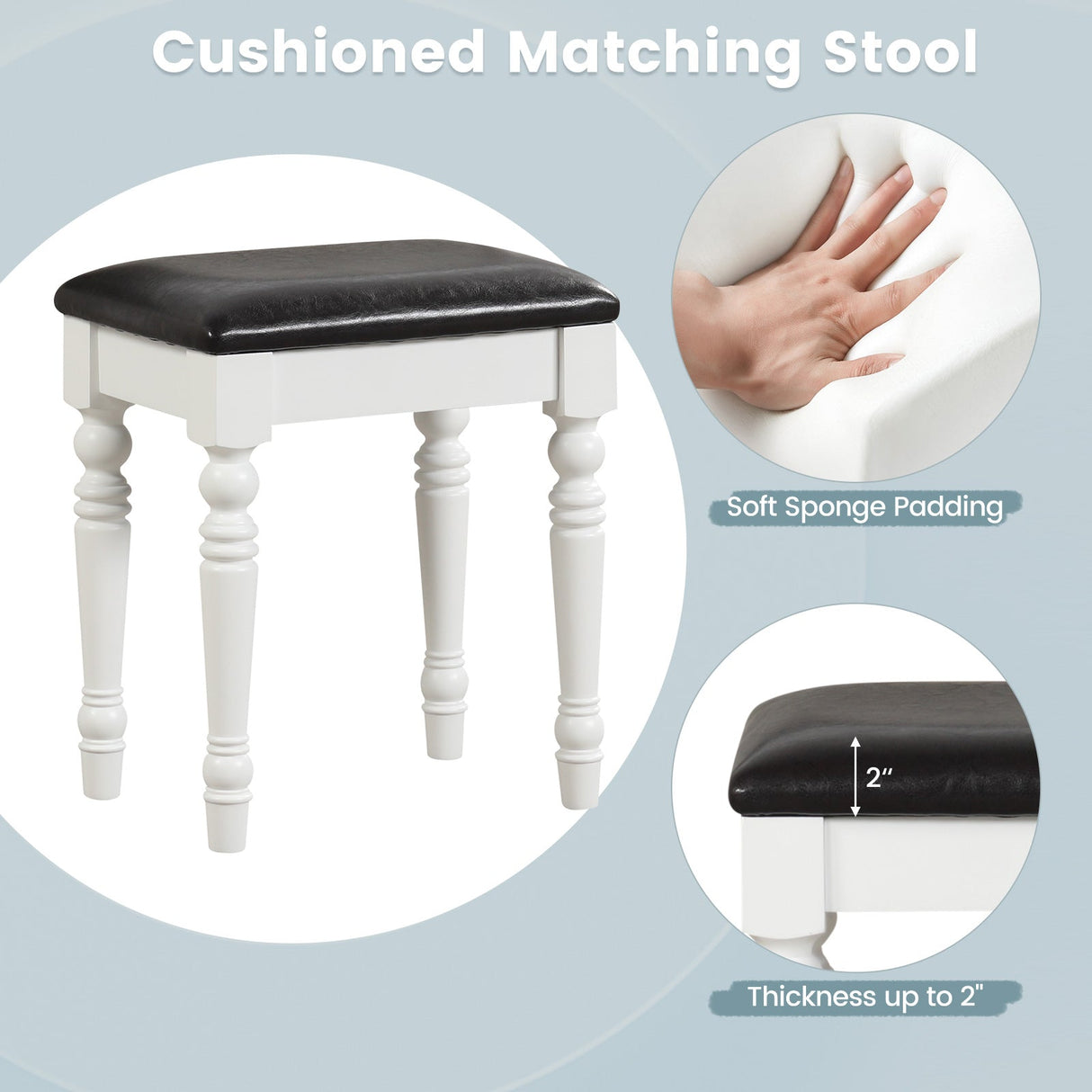Juego de tocador de maquillaje con taburete, espejo desmontable y 3 cajones de almacenamiento