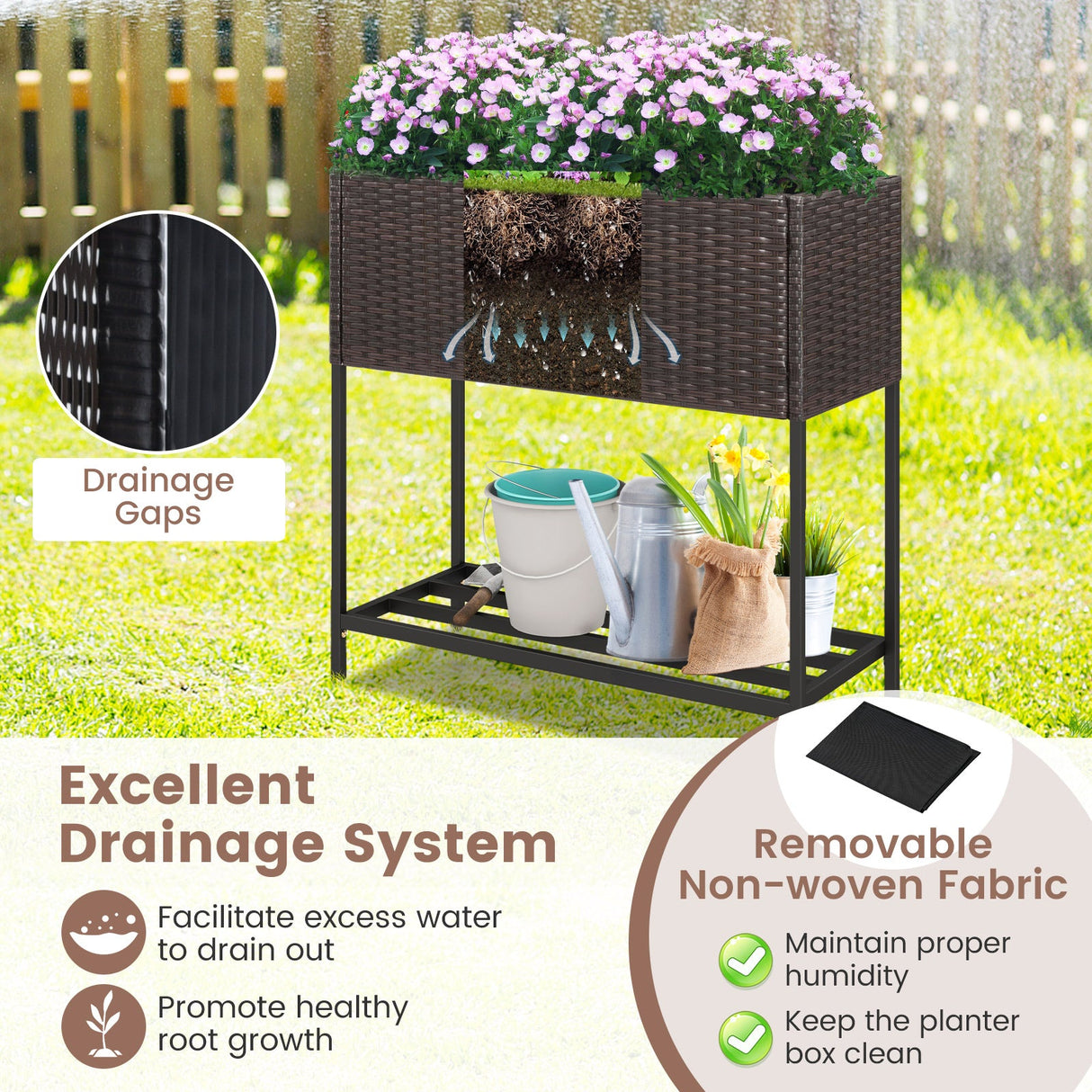 Jardinera elevada de mimbre con estante de almacenamiento y forro extraíble para flores