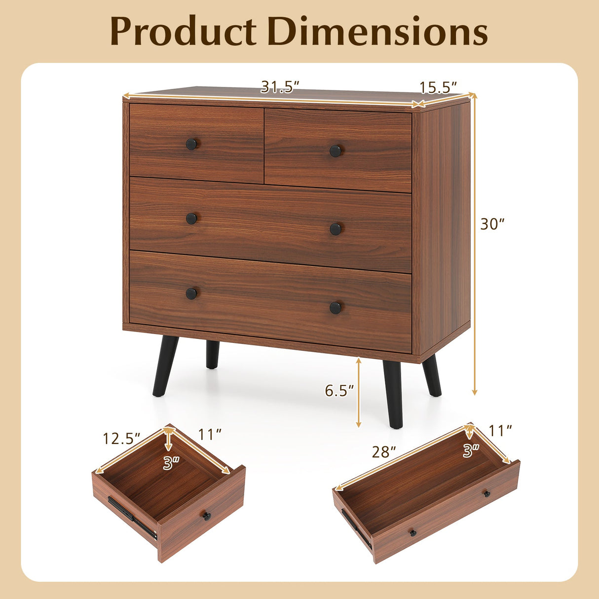 Wide Wooden Dresser with 4 Drawers for Bedroom Living Room