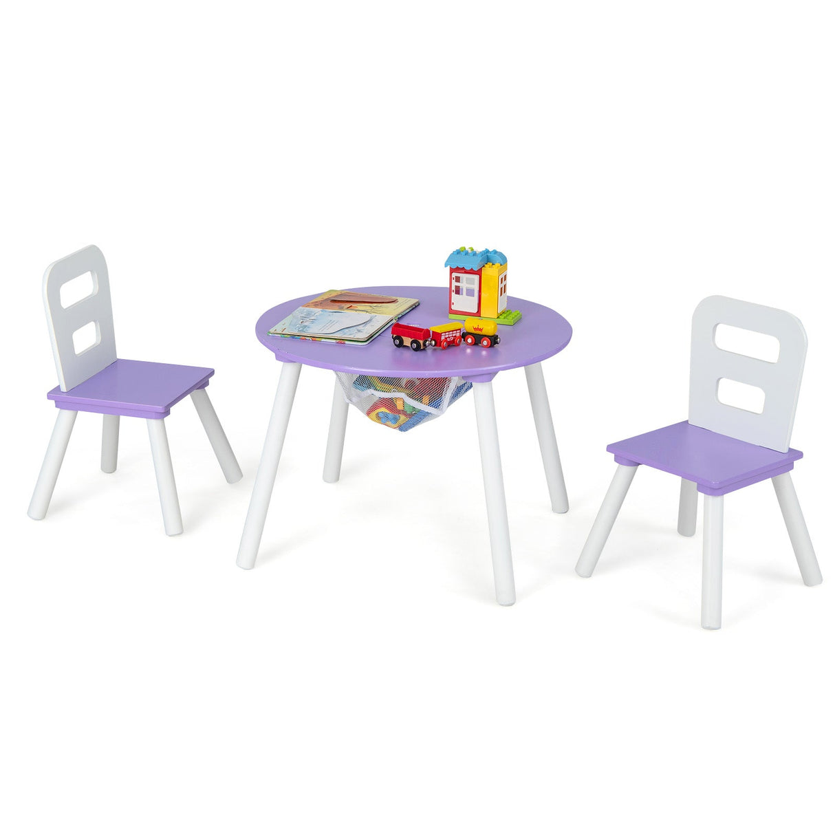 Juego de mesa y sillas de madera para niños con almacenamiento central de malla, morado