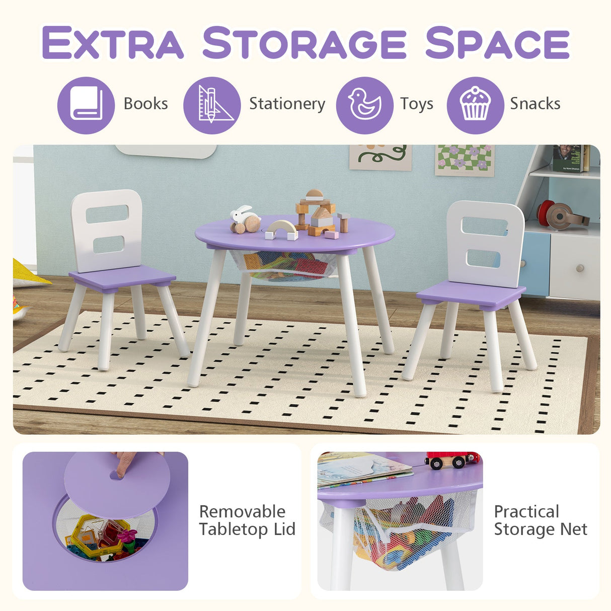 Juego de mesa y sillas de madera para niños con almacenamiento central de malla, morado