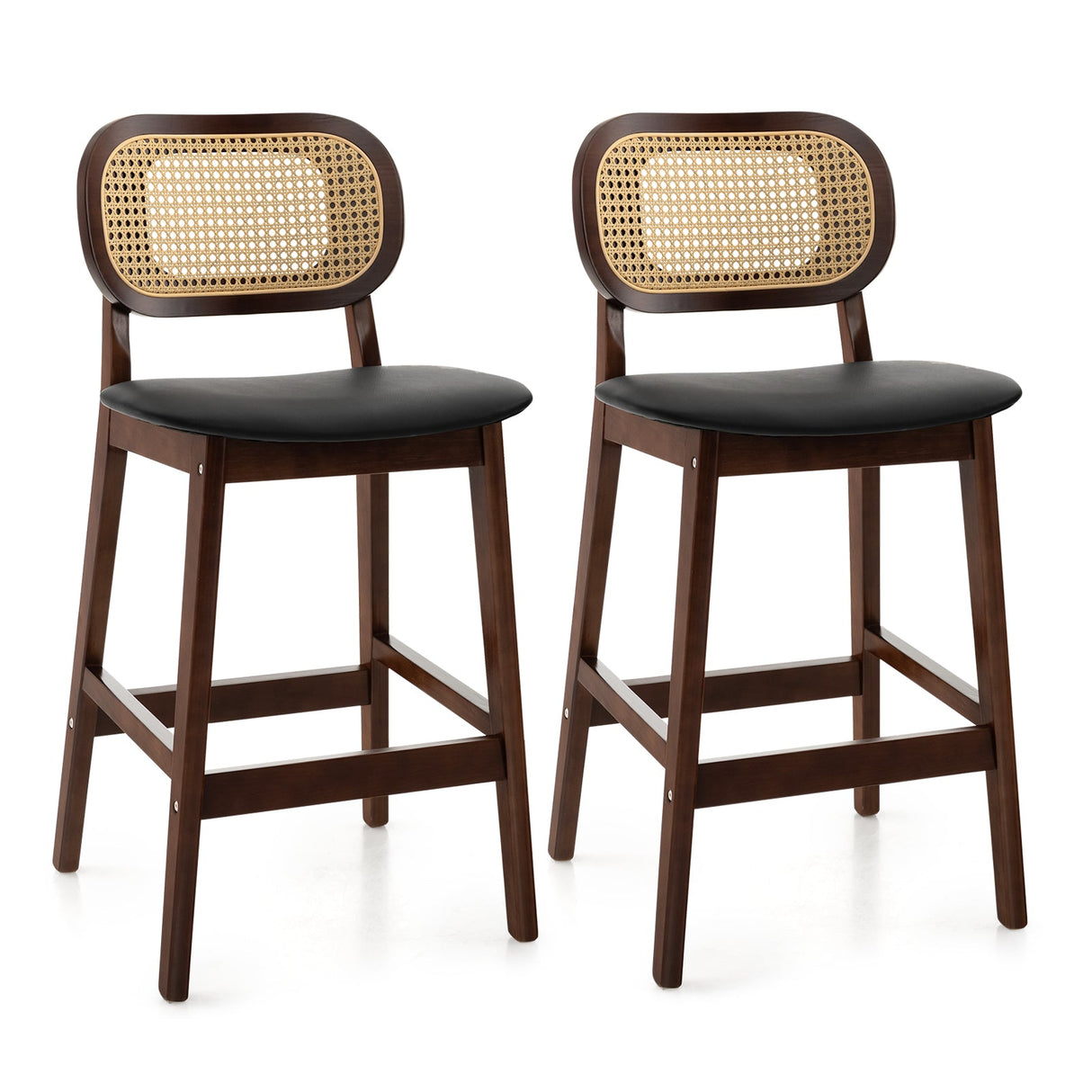 Taburetes de Bar de Madera con Respaldo de Ratán PE, Asiento Acolchado y Reposapiés - Marrón