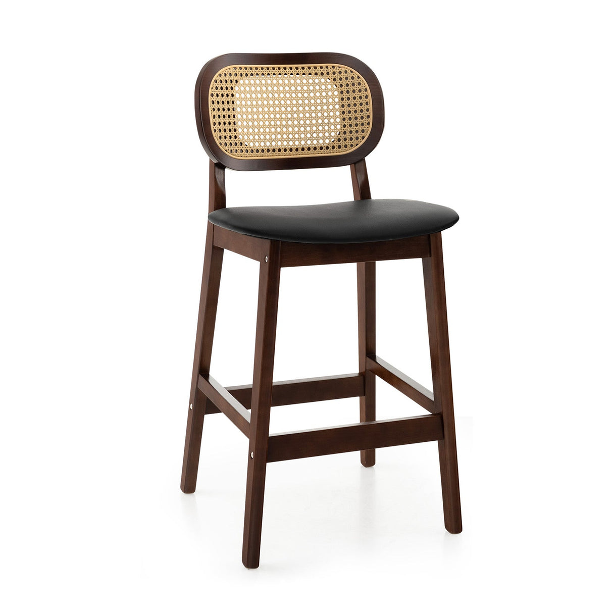 Taburetes de Bar de Madera con Respaldo de Ratán PE, Asiento Acolchado y Reposapiés - Marrón