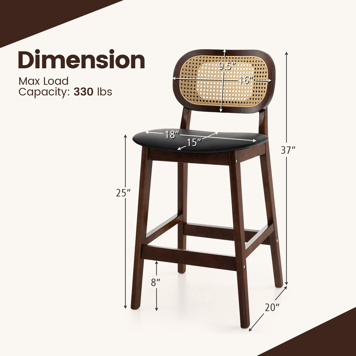 Taburetes de Bar de Madera con Respaldo de Ratán PE, Asiento Acolchado y Reposapiés - Marrón