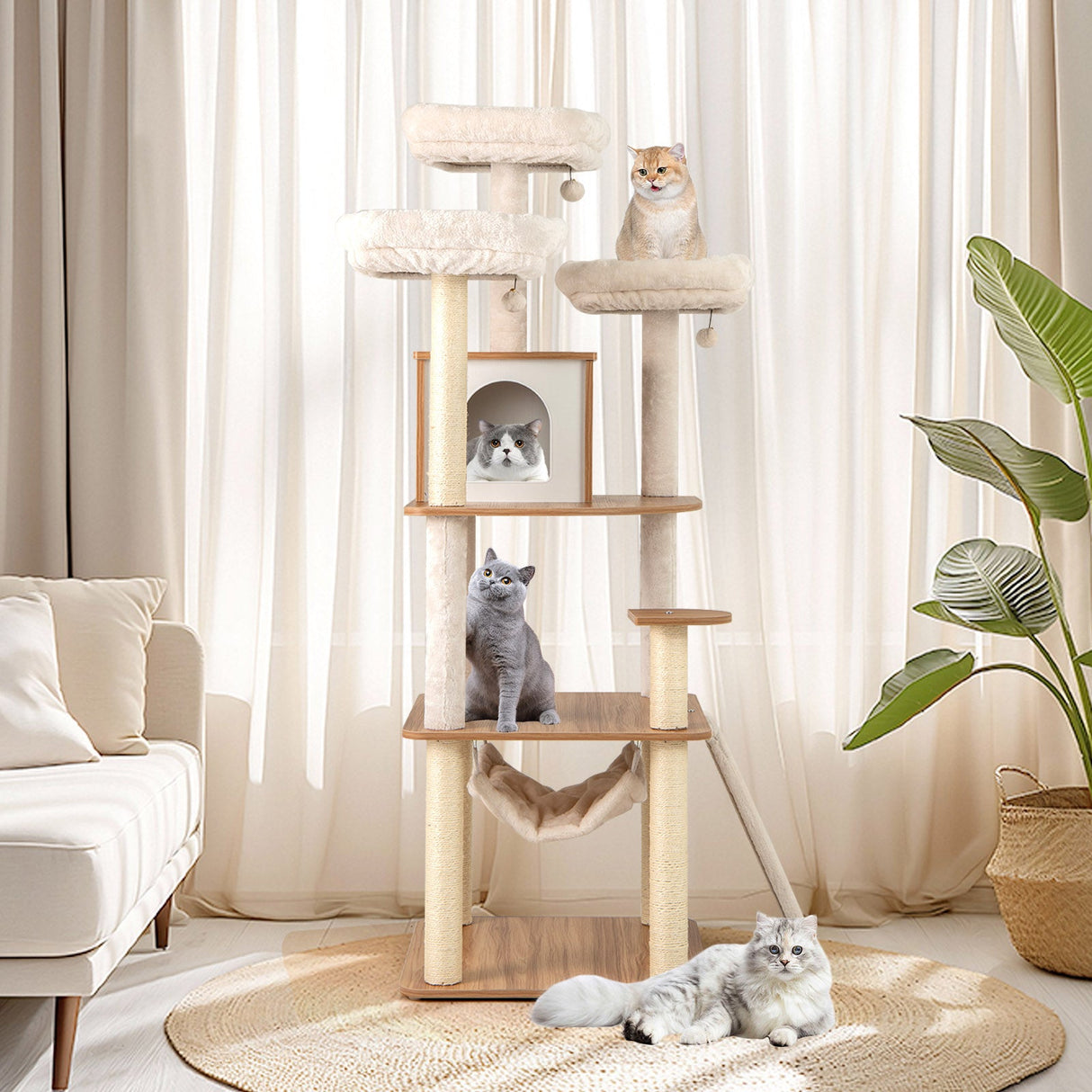 Árbol para gatos de 68 pulgadas de alto con 3 perchas acolchadas, condominio y postes rascadores de sisal - Natural
