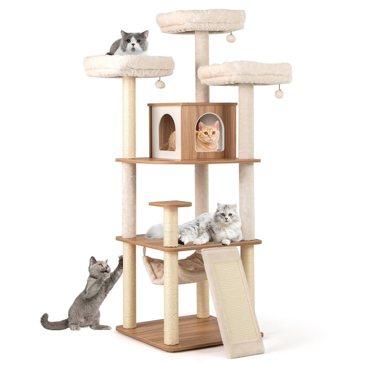 Árbol para gatos de 68 pulgadas de alto con 3 perchas acolchadas, condominio y postes rascadores de sisal - Natural