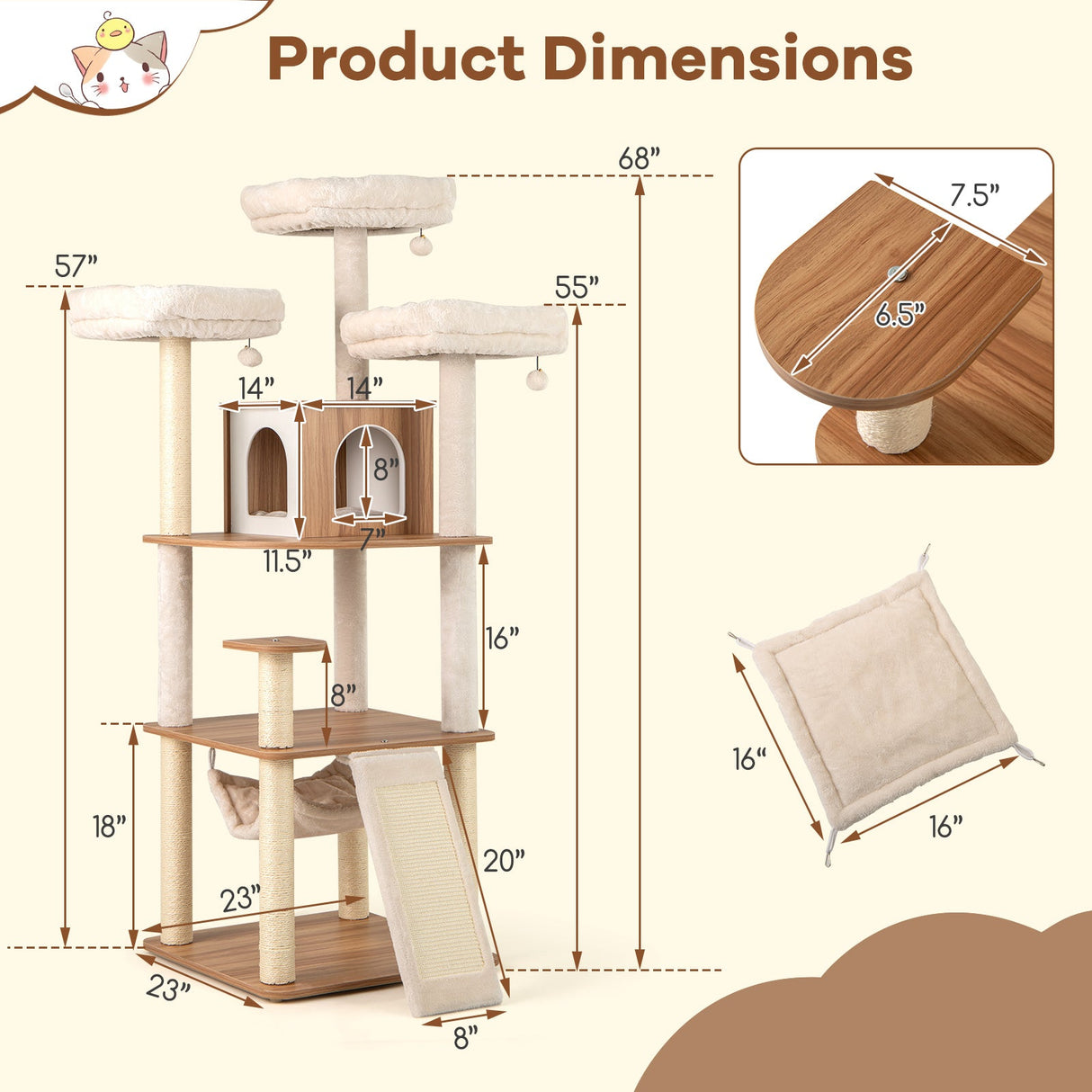 Árbol para gatos de 68 pulgadas de alto con 3 perchas acolchadas, condominio y postes rascadores de sisal - Natural